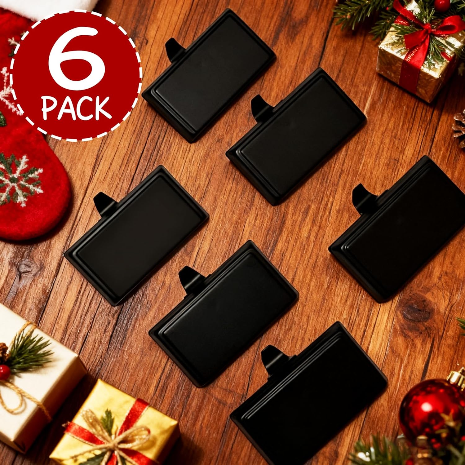 Christmas Weighted Stocking Holders For Mantle Set of 6,Mantle Stocking Hangers,Heavy Duty Christmas Stockings Holders Christmas Ornaments for Counter Tables Window Fireplace Mantle Decoration (Black)