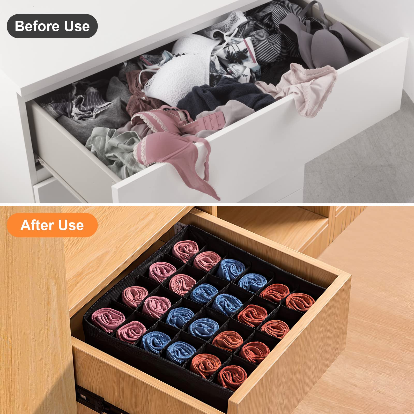 3 Stück Socken-Organizer, 24 Zellen – Faltbar, 32x31x10 Cm, Schwarz, Für Schubladen & Schränke