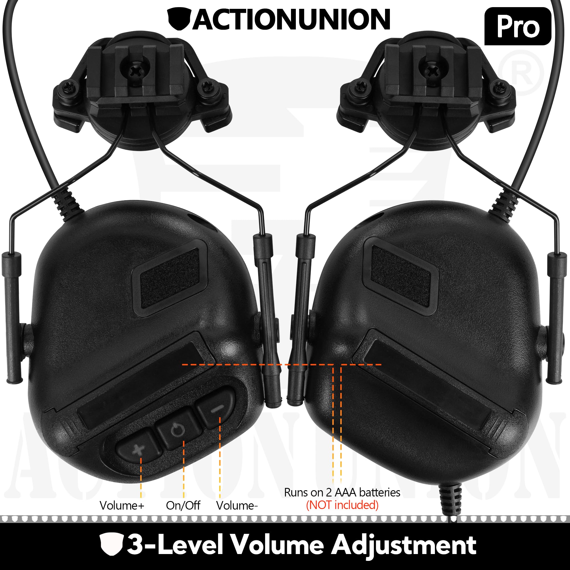 ACTIONUNION Auriculares tácticos Pro con cancelación activa de ruido para casco Airsoft Fast (negro)