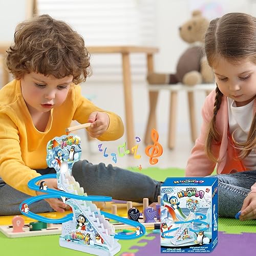 Miniatura 2 de Pista de coche de juguete eléctrico pingüino escalada escaleras juguetes con 9 pingüinos juguete, juego de pista de carreras con música y luces LED