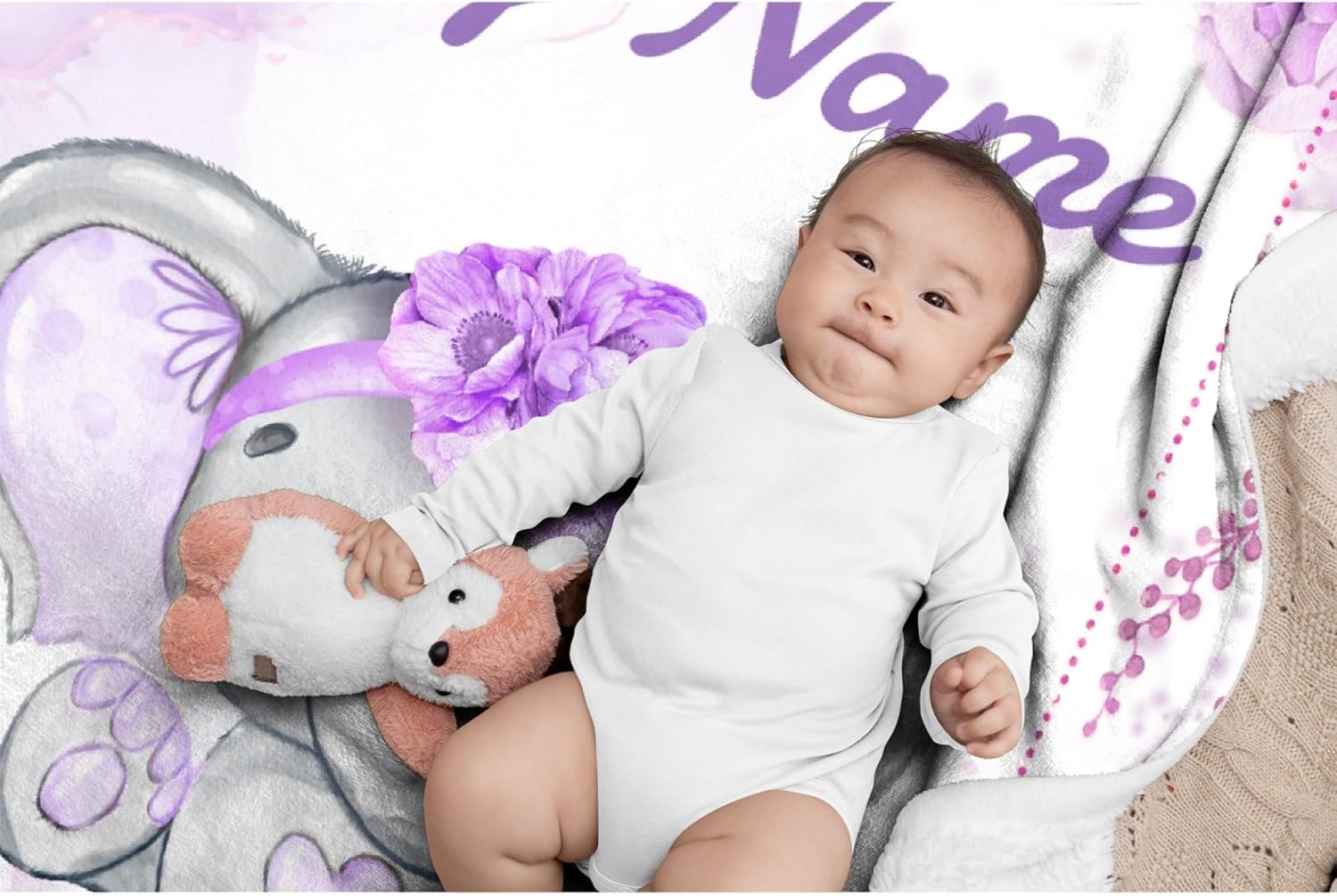 Custom Elephant Baby Blanket for Girls Women Purple Flowers Personalized Blanket with Name Cozy Lightweight Throw Blankets for Bedding Practical Gifts Medium 60×50in for Teen