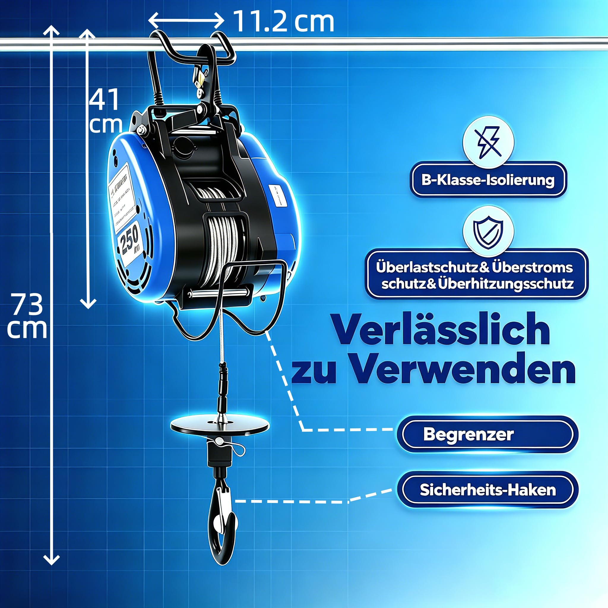 Mobile Seilwinde Elektrisch 230V 250kg Tragkraft 29m-Hubhöhe 19m/min Elektro Seilhubzug mit Funkfernbedienung (100m) 30m-Stahldrahtseil Hängetaster Sicherheits-Lasthaken Begrenzer 1.5m-Kabellänge