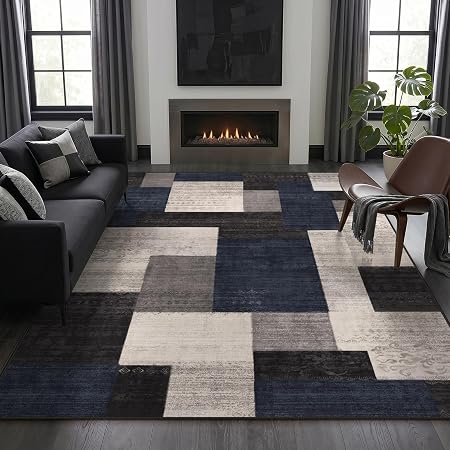 Simple Neutral Rug Plaid Hroza Washable 5X7 Area Rug for Living Room, Modern Indoor Carpet, Blue ...
