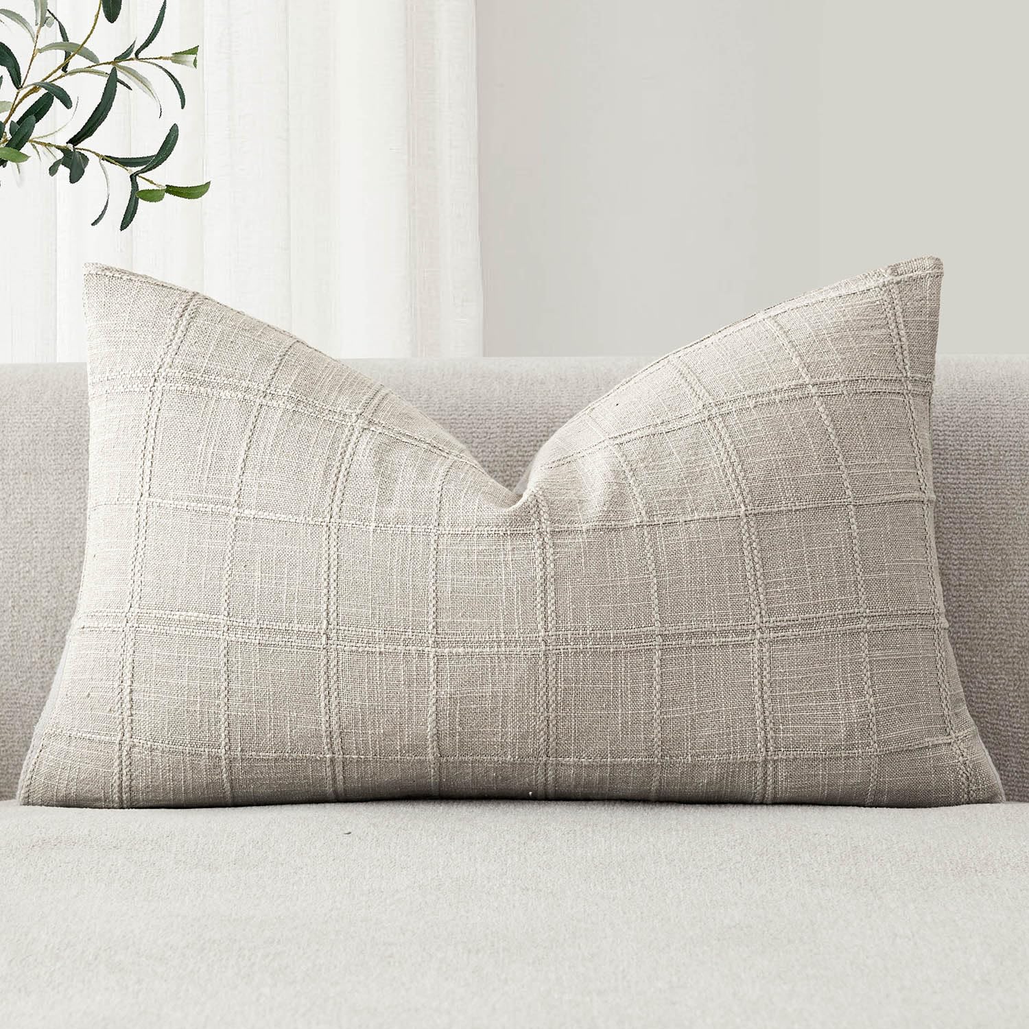 Foindtower Set of 1 Decorative Linen Check Throw Pillow Cover Neutral Farmhouse Lumbar Cushion Cover Modern Boho Accent Home Decor for Sofa Chair Couch Bedroom Living Room,12×20 Inch,Light Grey