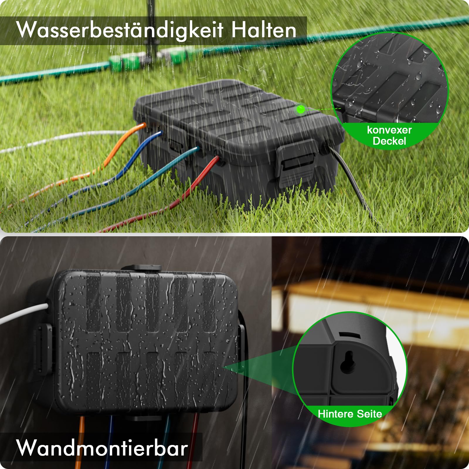 RESTMO große wasserdichte Kabelbox für den Außenbereich (Outdoor), IP54 wasserdicht, wetterfester Elektrokasten zum Schutz von Verlängerungskabel, Steckdosenleisten, Außensteckern (32x22x13cm)-Schwarz