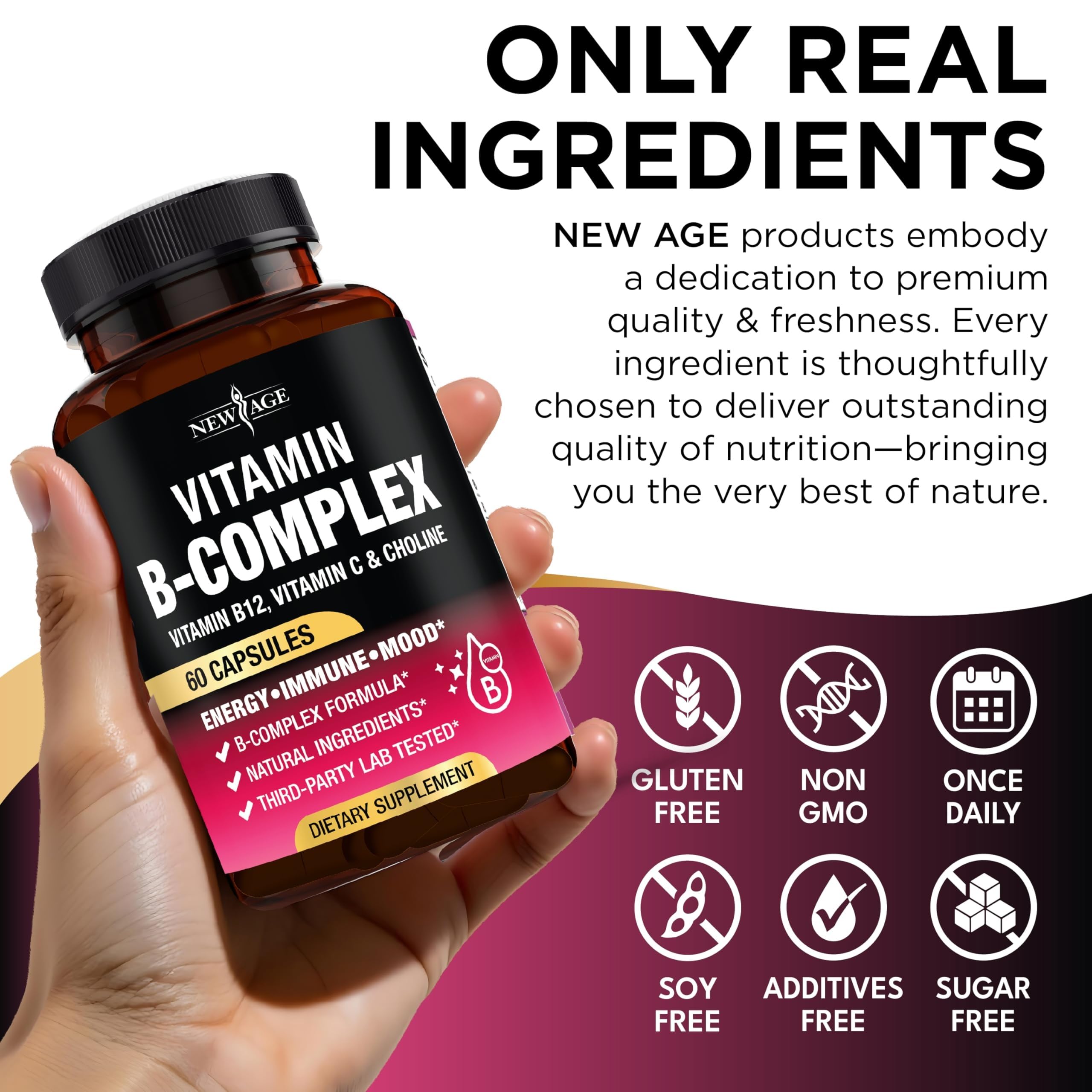 NEW AGE Vitamin B Complex for Men & Women, Made in USA, B-Complex: B1, B2, B3, B5, B6, B7, B8, B9, B12 with Vitamin C, Choline, Inositol, Energy, Brain & Heart Support, 180 Vegan Capsules — Amazon image 7