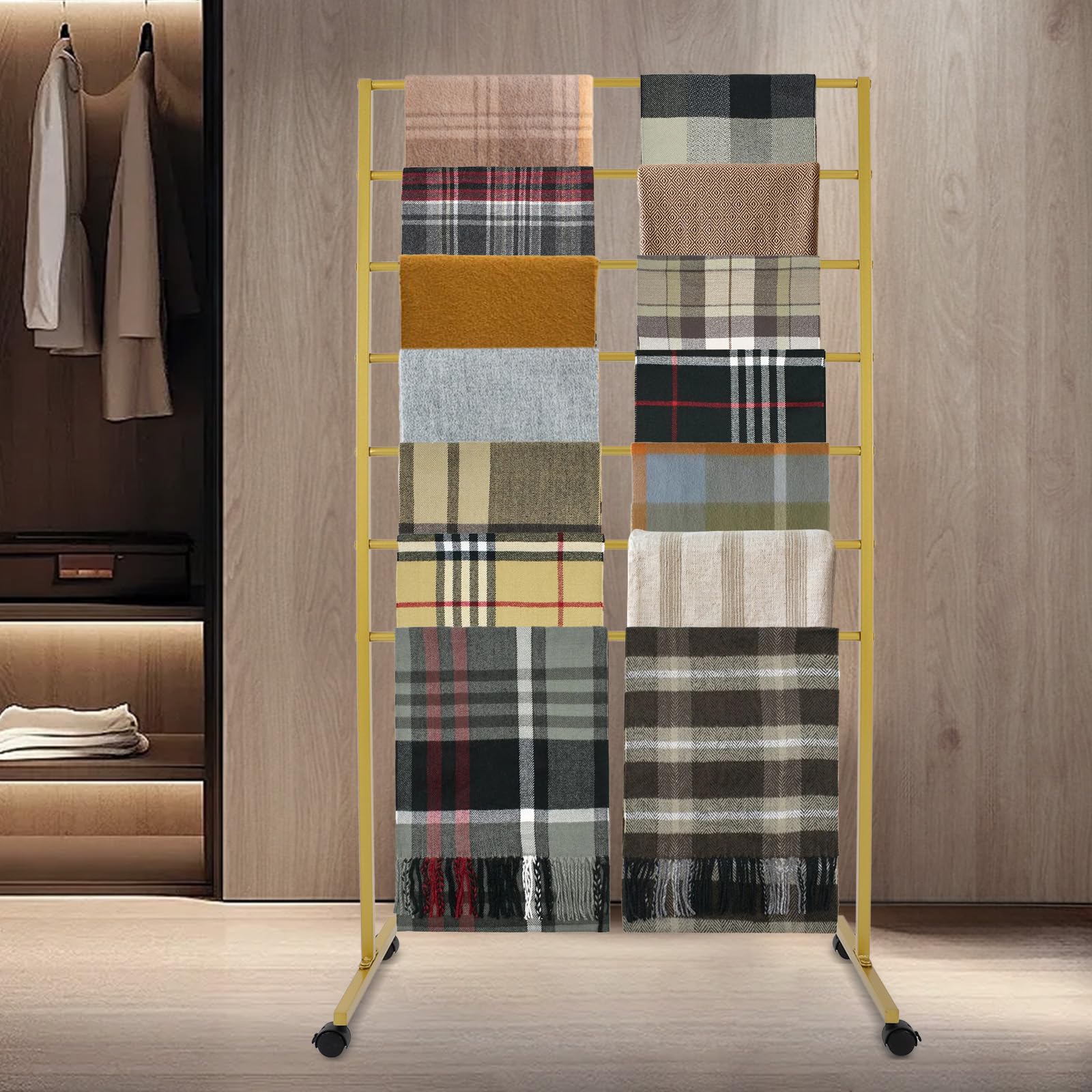 CURIEUYU Metal Scarf Display Stand with 360 Swivel Caster Wheels, 7-tier Movable Freestanding Scarf Holder, Hijab Hanger for Clothing Store Boutique Display Commercial Home (Gold)