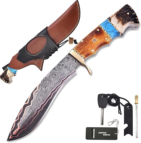 Cuchillo de caza de Damasco de cobre de 12 pulgadas con funda de cuero, hoja fija, cuchillo EDC, cuchillos para bosquejos, cuerno de ciervo y mango