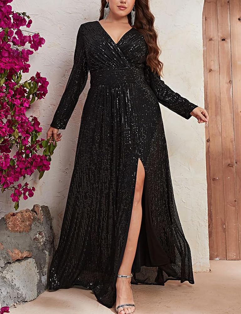 Amazon.com: meilun Plus Size Women Long Sleeve Formal Dress V Neck Slit Sequin  Long Dress Cocktail Party Dress(A-Black,XL): Clothing, Shoes & Jewelry