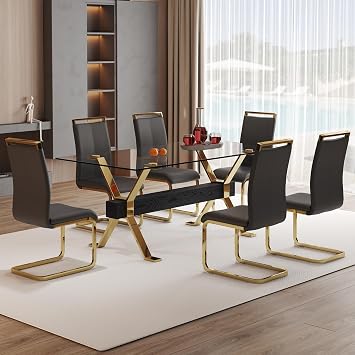 71" Dining Room Table Set for 6,Mid Century Modern Dining Table Set,Rectangular Tempered Glass Dining Table Set,Kitchen Table Set Wite 6 PU Leathers Dining Chairs for Living Room
