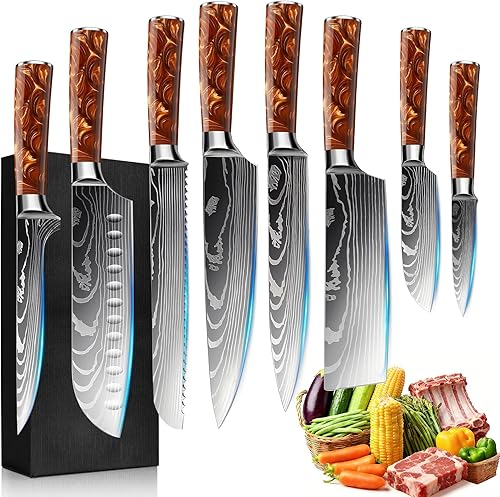 Miniatura 10 de Juego de 8 piezas de cuchillos de cocina japoneses premium - Colección Imperial, patrón láser en damasceno, acero inoxidable 440A ultra afilado