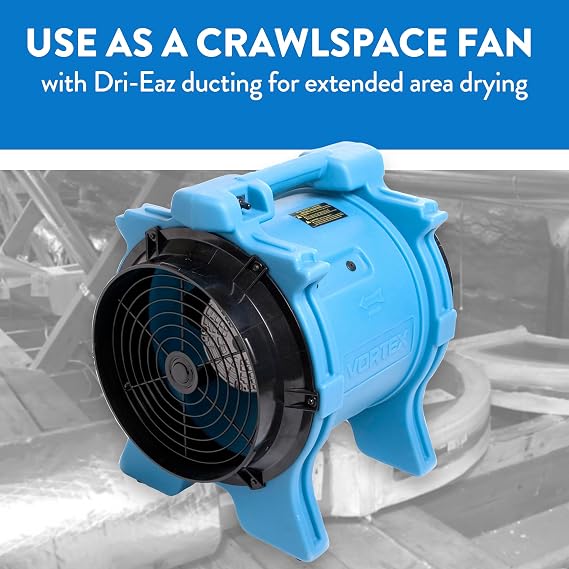 Dri-Eaz Vortex 1.0 HP Ventilation Fan (F174-BLU), Air Mover Blower Fan | Vortex 1.0 HP ventilation fan, blue. Powerful blower with large impeller, stackable y ductable for drying.