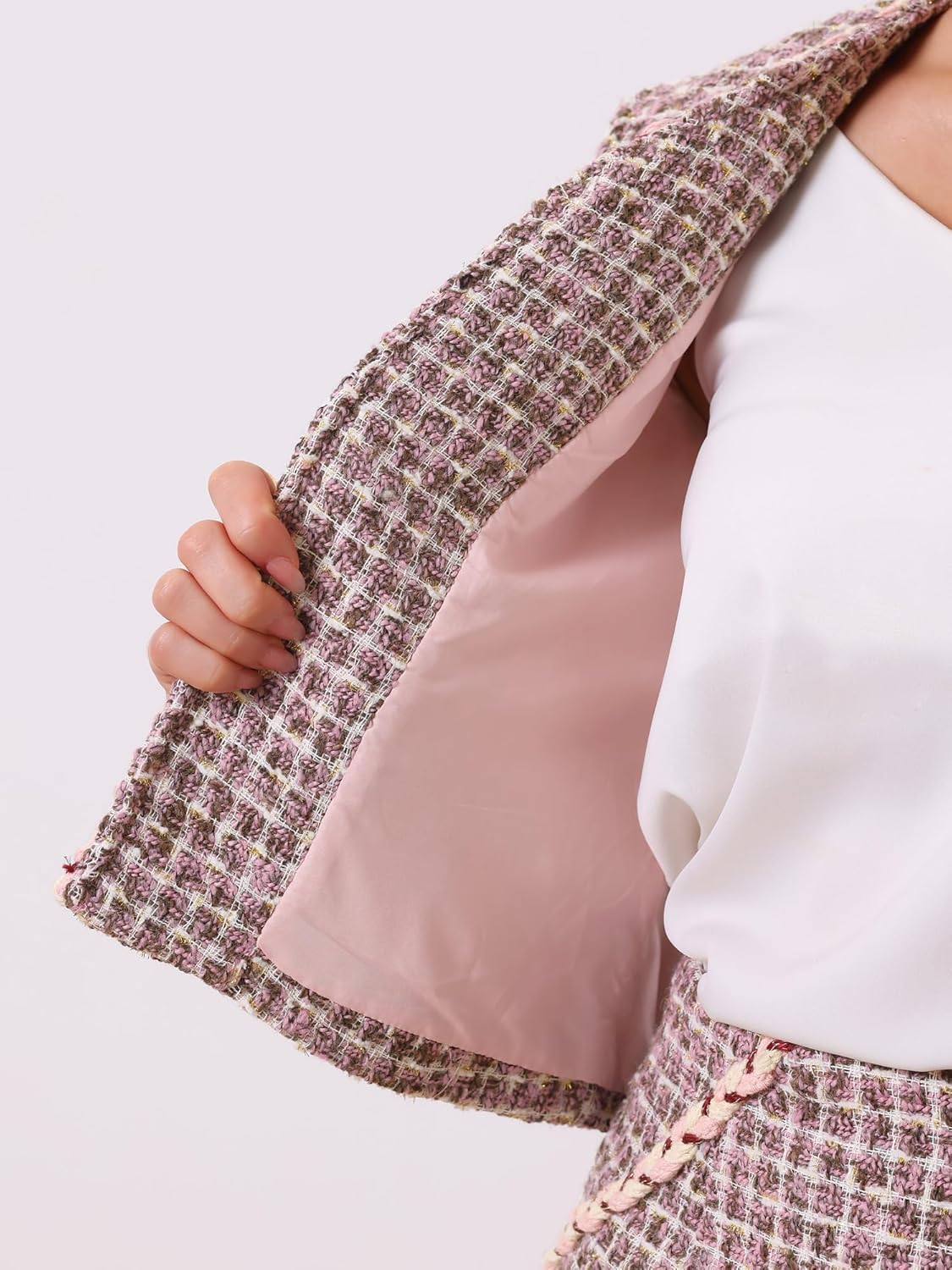 Allegra K 2 Piece Tweed Plaid Skirt Set for Women's Business Collarless Blazer and Mini Skirt Suit Sets - Image 5