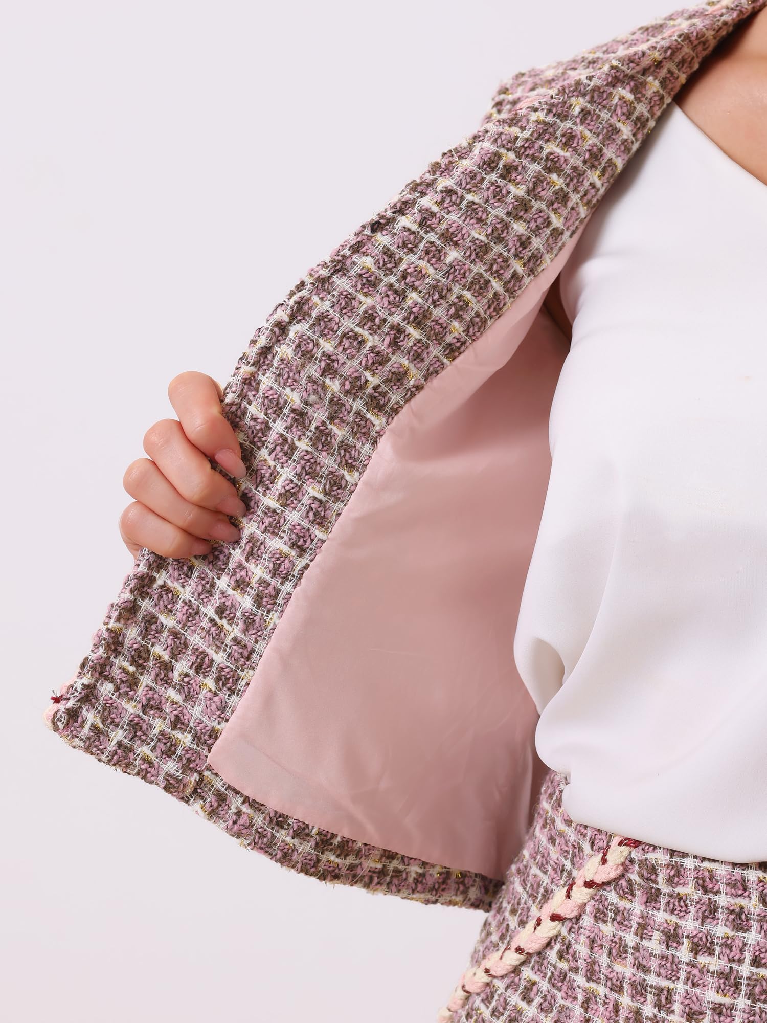 Allegra K Completi in Tweed Scozzese per Set di Giacche e Gonne Corte con Blazer Corto Aperto sul Davanti