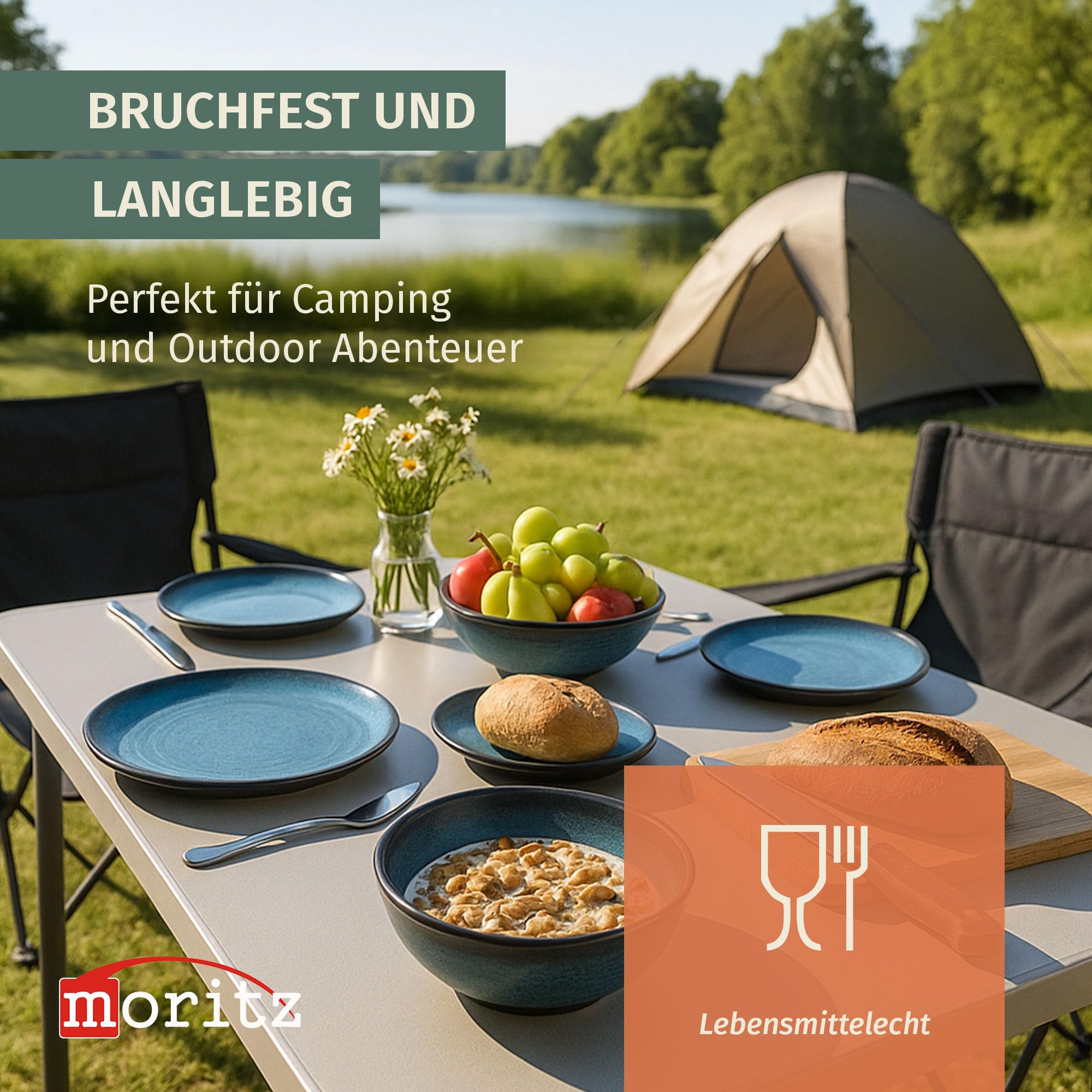 Camping Tafelgeschirr aus Melamin für 4 Personen 12-teilig | spülmaschinenfest | Picknick Geschirrset | Geschirr Campinggeschirr I Stone Blue Design