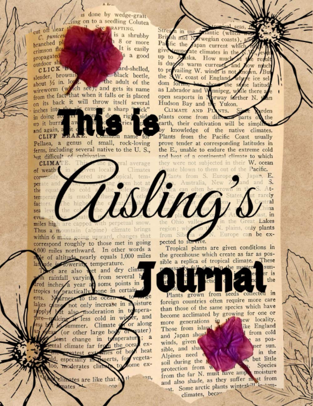 This is Aisling’s Journal: Custom Name Personalized Journal with old paper, dry flowers and flower drawings. Brown board Flowered Notebook with Name ... A Gift for Women (My Name’s on It! Journals)