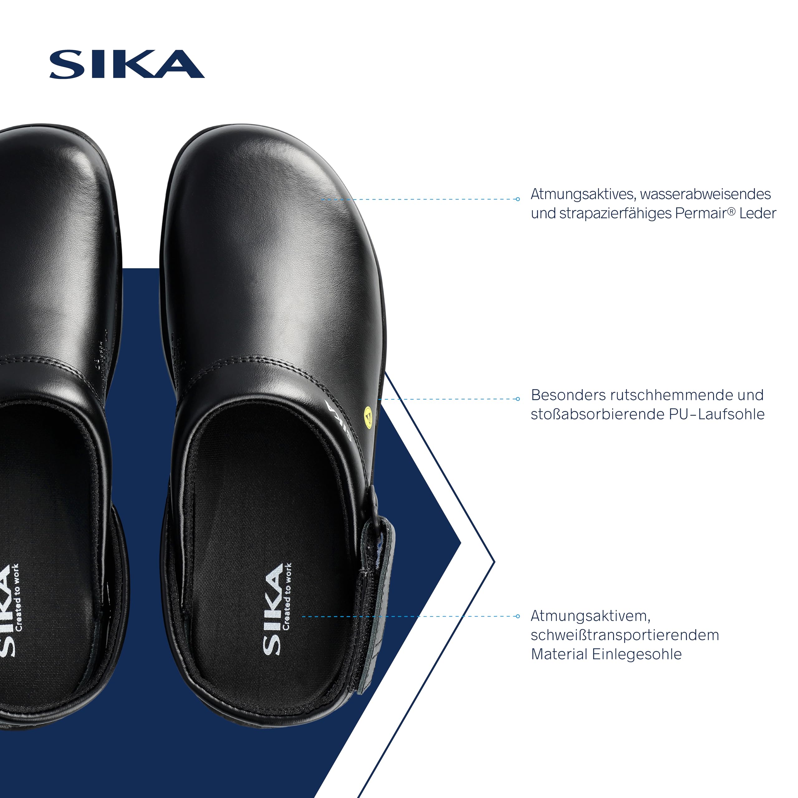SIKA Unisex-Clogs mit Fersenriemen, rutschfeste Arbeitsschuhe, Permair-Leder, stoßdämpfende Sohle, ESD-geprüft, waschbare Innensohle, professionelle Clogs für die Lebensmittel- & Reinigungsindustrie