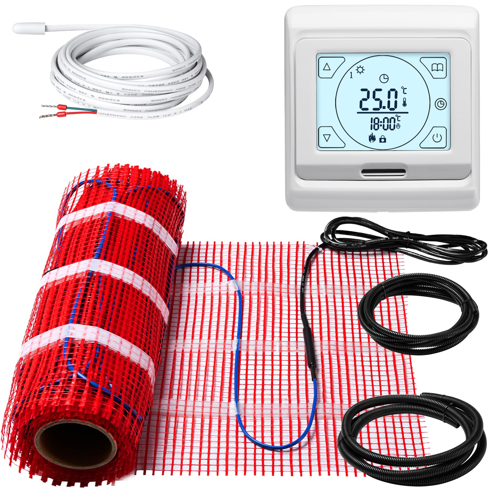 KEZERS Elektrische Fußbodenheizung 150W/m², selbstklebend für Fliesen Laminat und mehr, Touch-Digital-Thermostat mit Wochenprogramm für Badezimmer | Flur | Schlafzimmer | Wohnzimmer,6.0x0.5m - 3.0 qm
