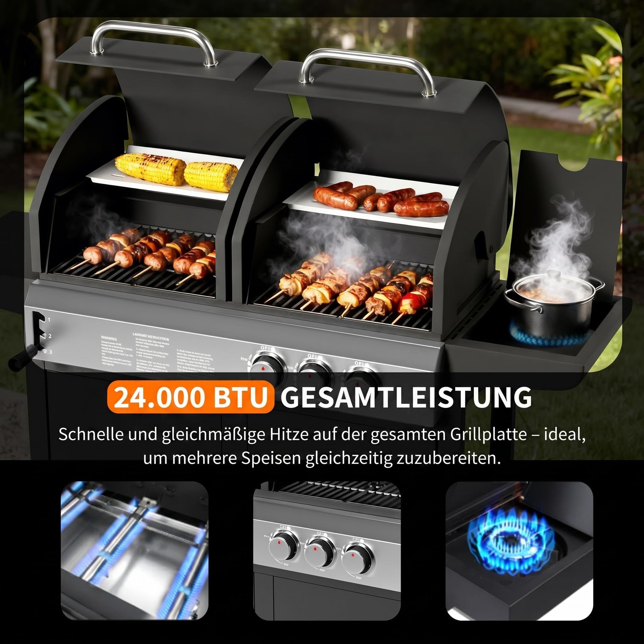 2-in-1 Gasgrill und Holzkohlegrill Kombination, 3 Brenner mit 24.000 BTU, Edelstahl-Grillwagen mit Unterschrank und Rädern, Dual Fuel BBQ-Station für Garten und Terrasse