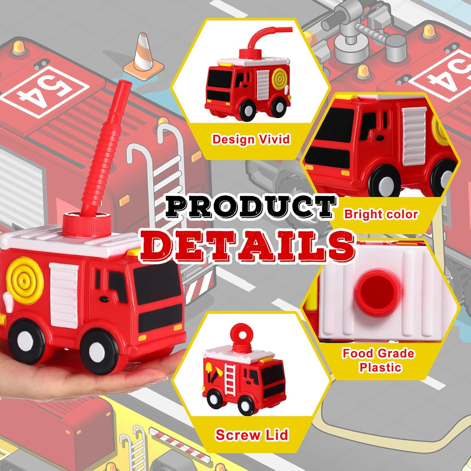 Tanlade 24 Sets Firefighter Party Cups Bulk for Kids 10oz Plastic Fire Truck Cups with Straws, Firefighter Birthday Party Favor for Car Birthday Decoration Supplies