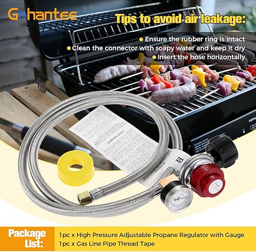 Miniatura 5 de gohantee Regulador de propano ajustable de alta presión de 5 pies 0-30 PSI con manguera de calibre y cinta de rosca de línea de gas amarilla para