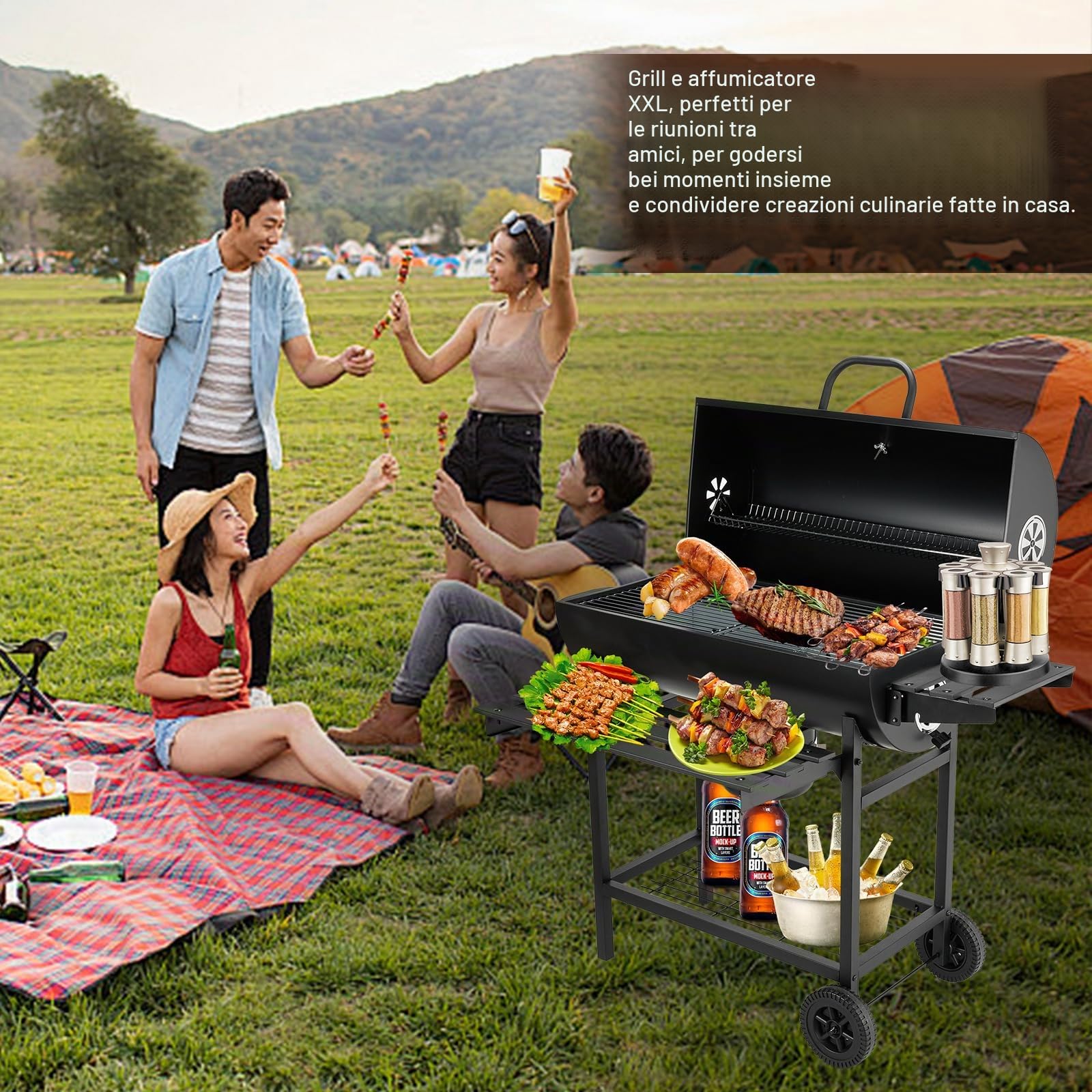 TEENO Grill XXL a carbone di legno, carrello per barbecue con griglia di pollo, barbecue a carbone con coperchio per giardino, terrazza, campeggio