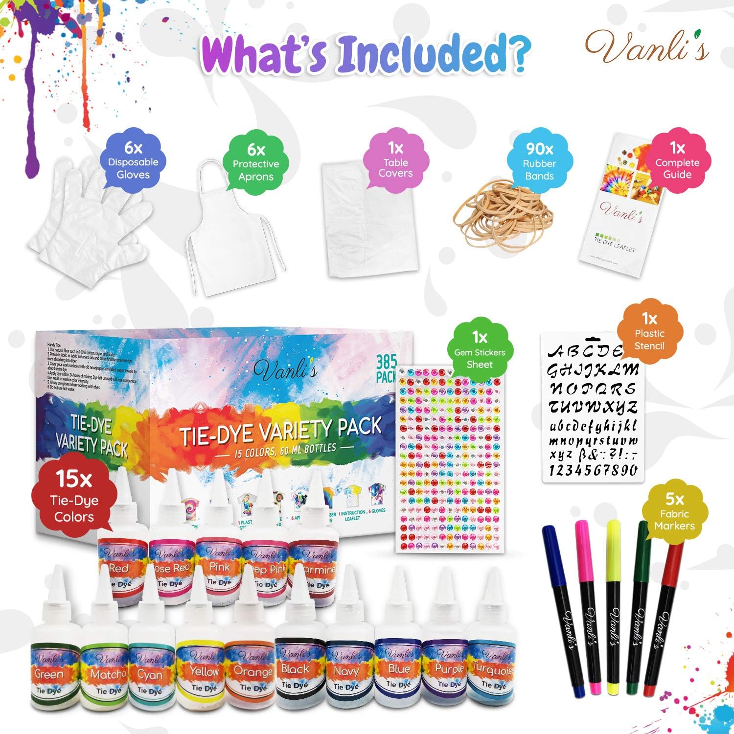 Tie Dye Kit -15 Colors with 5 Fabric Markers, Stencil and 260 Adhesive Gem Stickers. 385 Variety Pack Complete with Aprons, Gloves, Rubber Bands and A Plastic Table Cover