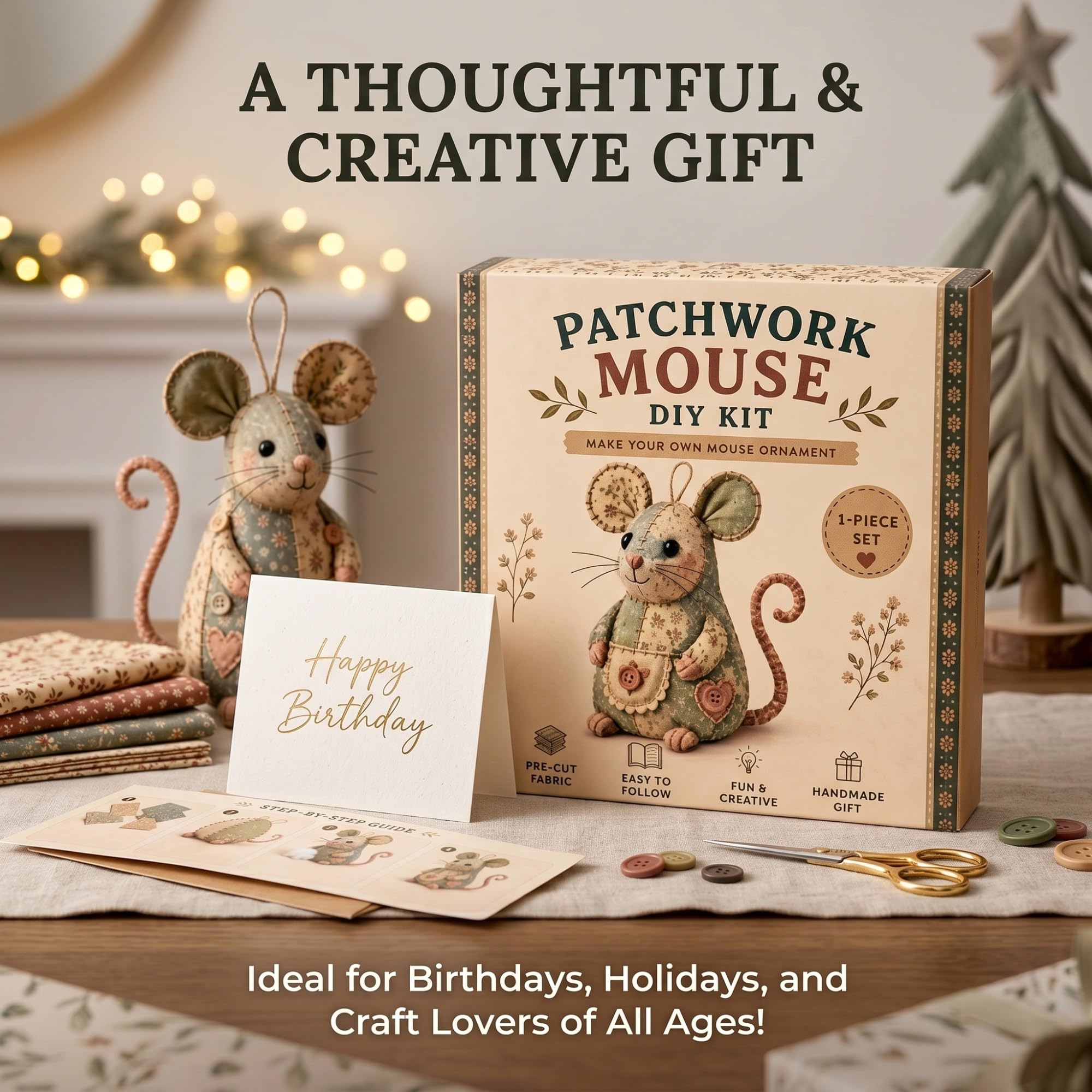 Kit fai te patchwork con topo, set cucito fatto mano imbottitura tessuto floreale bottoni, kit cucito disegni patchwork animali completi divertenti for principianti regalo compleanno(Set 1+2+3)