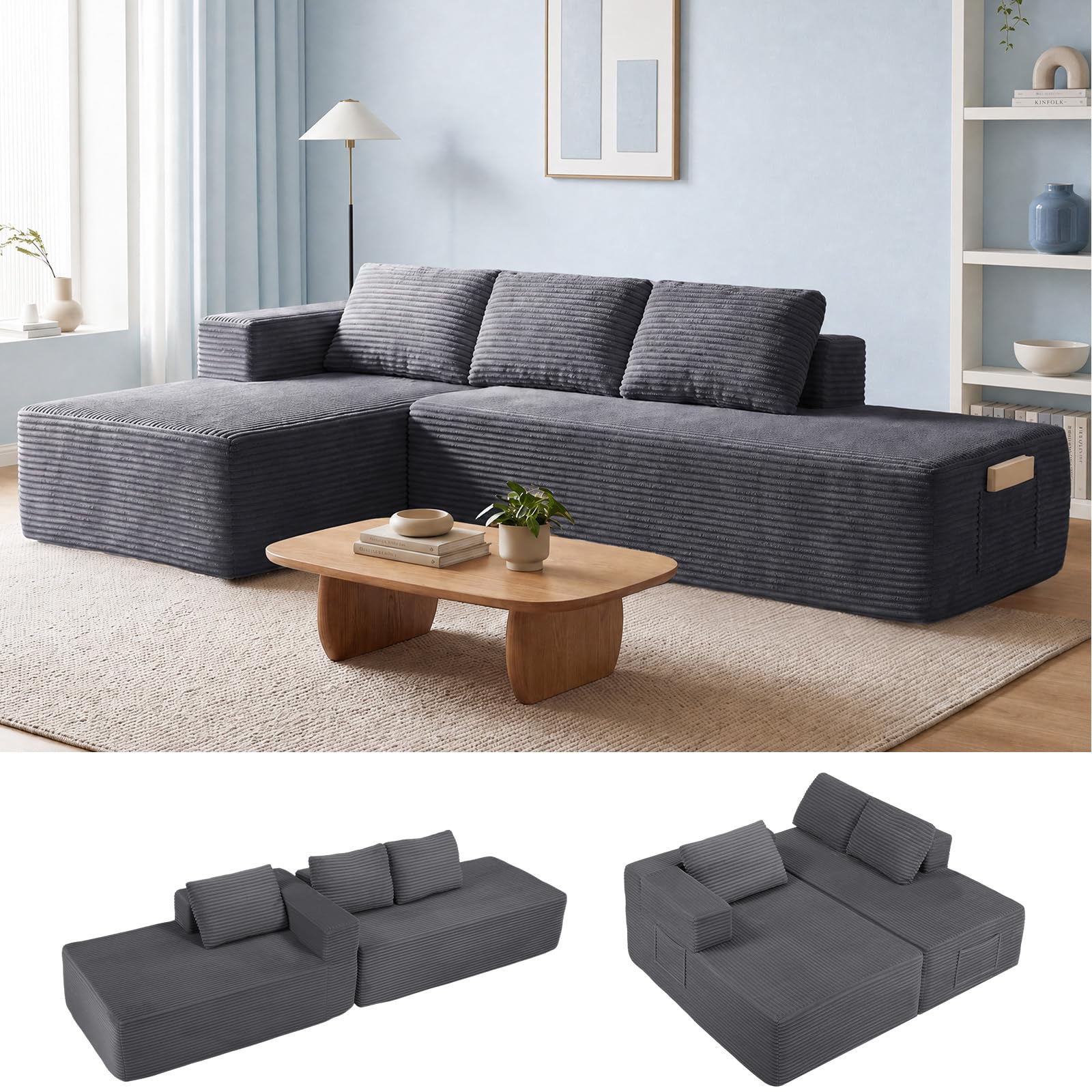 COMHOMA Divano angolare con funzione letto, 255 cm, in velluto a coste, modulare, con chaise longue e schienale in metallo, divano letto a forma di L con design aperto, cuscino e tasche laterali, per