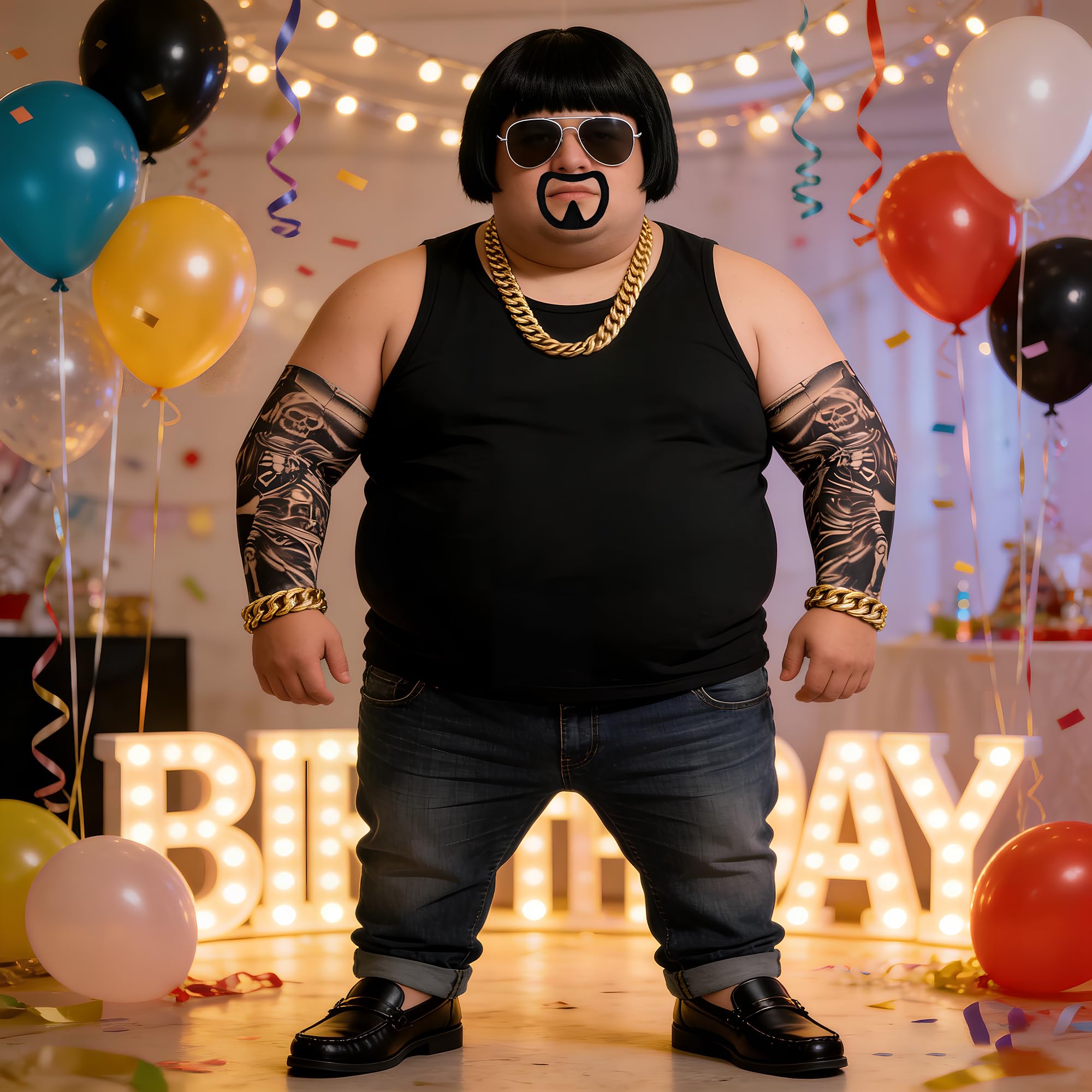 MOSNOW Costume Kit, 9PCS Funny Fancy Dress with Bowl Cut Wig, Tattoo sleeve,Goatee & Gold Chain, Black and Gold - Image 4