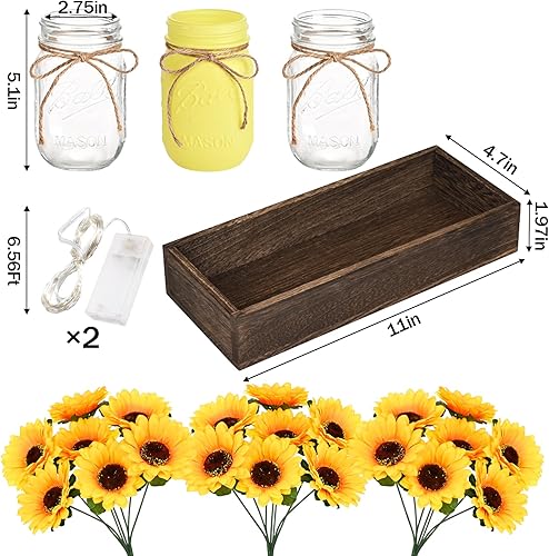 Miniatura 5 de BLEUM CADE Decoración de mesa de centro de mesa, 3 flores artificiales de girasoles en tarros Mason con bandeja de madera para mesa de comedor, mesa
