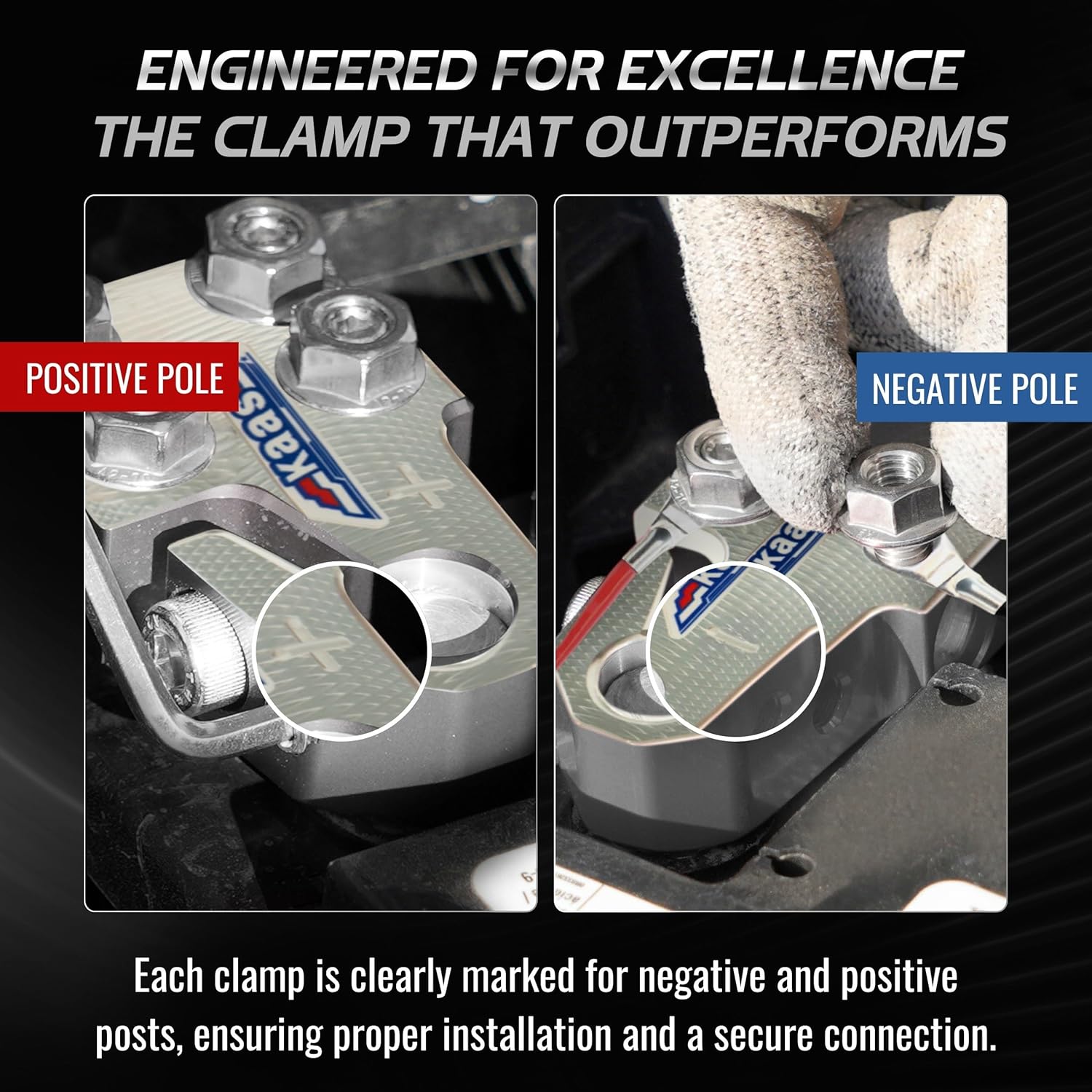 Kaas 8-Way Lead Acid Battery Terminal Connector, Metallic Silver, Positive and Negative Set, Heavy Duty Battery Terminals, for SAE/DIN/EN Tapered Top Post, Compatible with 8AWG to 4/0 AWG