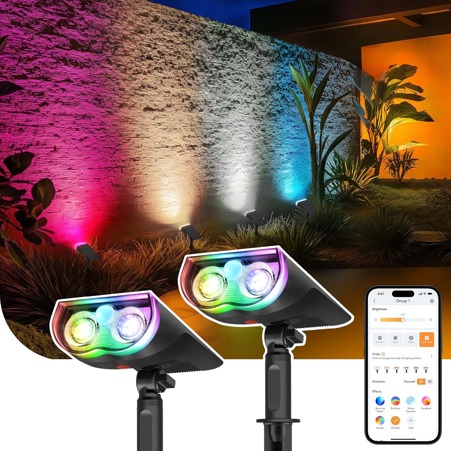 Linkind Smart Solar Lights Outdoor SL5 with Motion Sensor, APP Control Cool/Warm White/Color Changing Solar Spot Lights Outdoor, IP65 Landscape Lighting for Yard, Garden, Path(2 Pack)