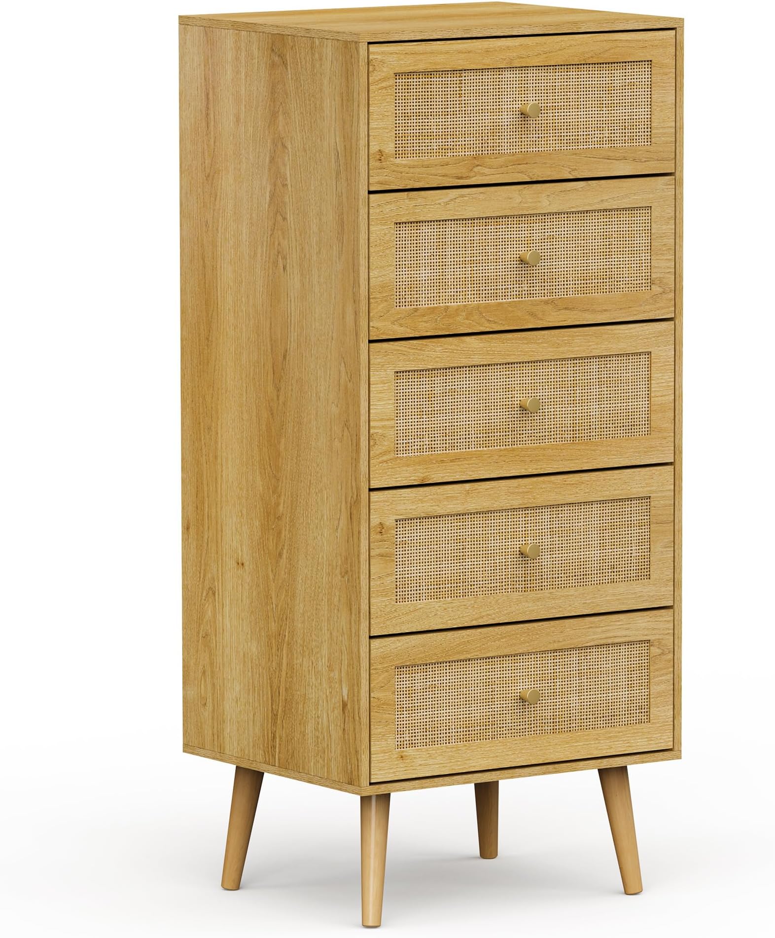 – VonHaus Tall Chest of Drawers - Scandi Style 5 Drawer Natural Rattan Slim Set of Drawers with Metal Handle and Tapered Legs - Boho Look Tall Boy Storage for Bedroom, Cane Narrow Cabinet