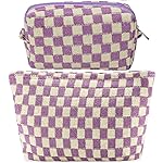 ZLFSRQ 2Pcs Checkered Makeup Bag for Women Large Small Checkered Cosmetic Bag Set Aesthetic Preppy Pencil Case Cute Pencil Pouch Purple Makeup Pouch for Purse Travel Toiletry Bags Zipper Skincare Bags