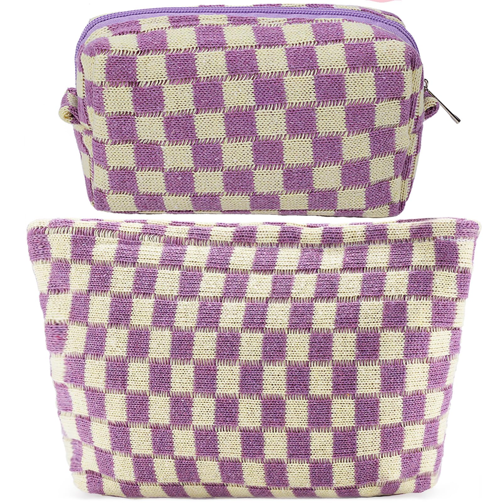 ZLFSRQ 2Pcs Checkered Makeup Bag for Women Large Small Checkered Cosmetic Bag Set Cute Aesthetic Purple Makeup Pouch for Purse Travel Toiletry Bags Preppy Pencil Bags Zipper Skincare Storage Organizer