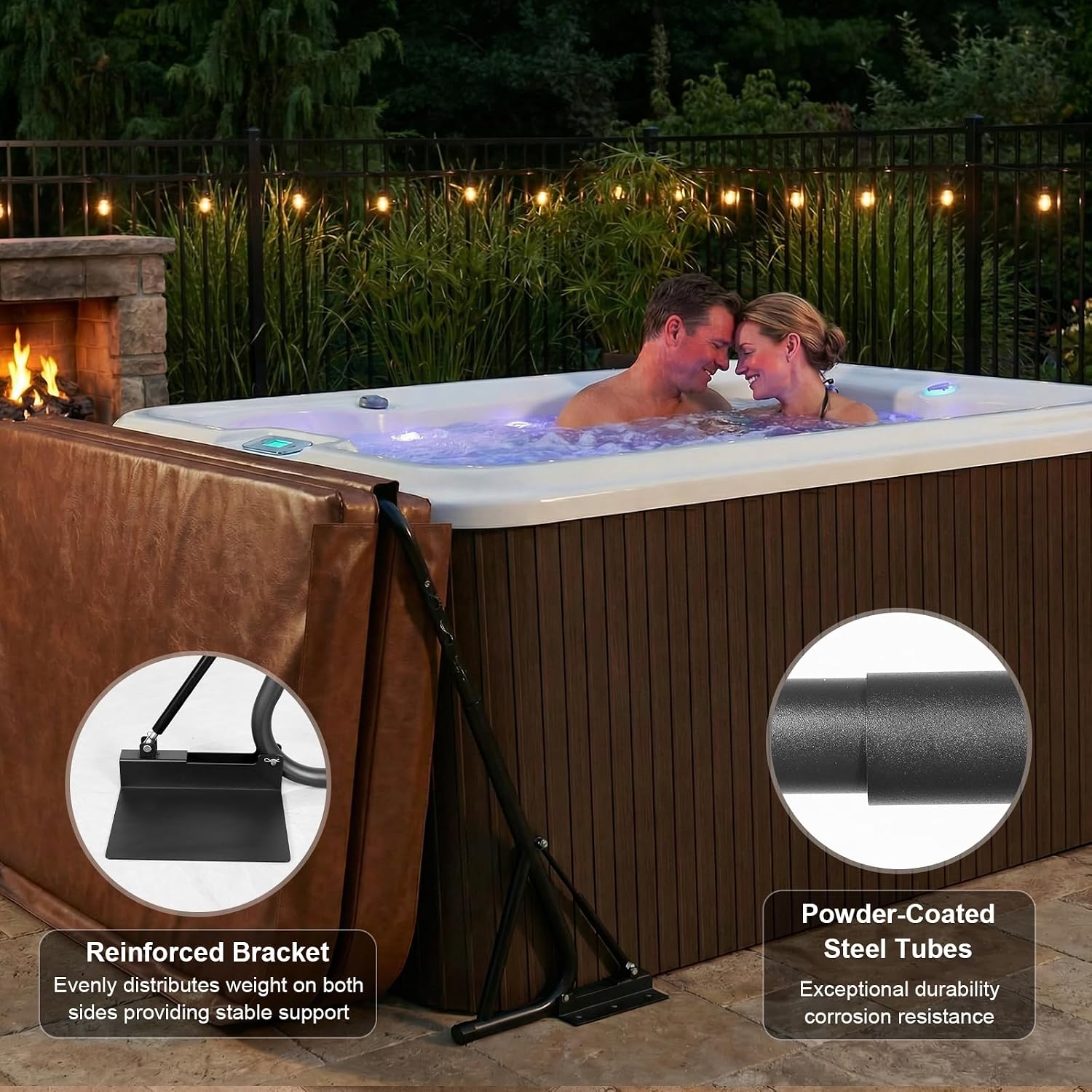 Utheer Hydraulic Hot Tub Cover Lift, Powder-Coated Carbon Steel Spa Cover Lifter with 6 Hooks, Adjustable 31.5-41.3H x 57-92.5W, Drill-Free or Screw-in, Heavy Duty for Rectangular Hot Tubs & Spas