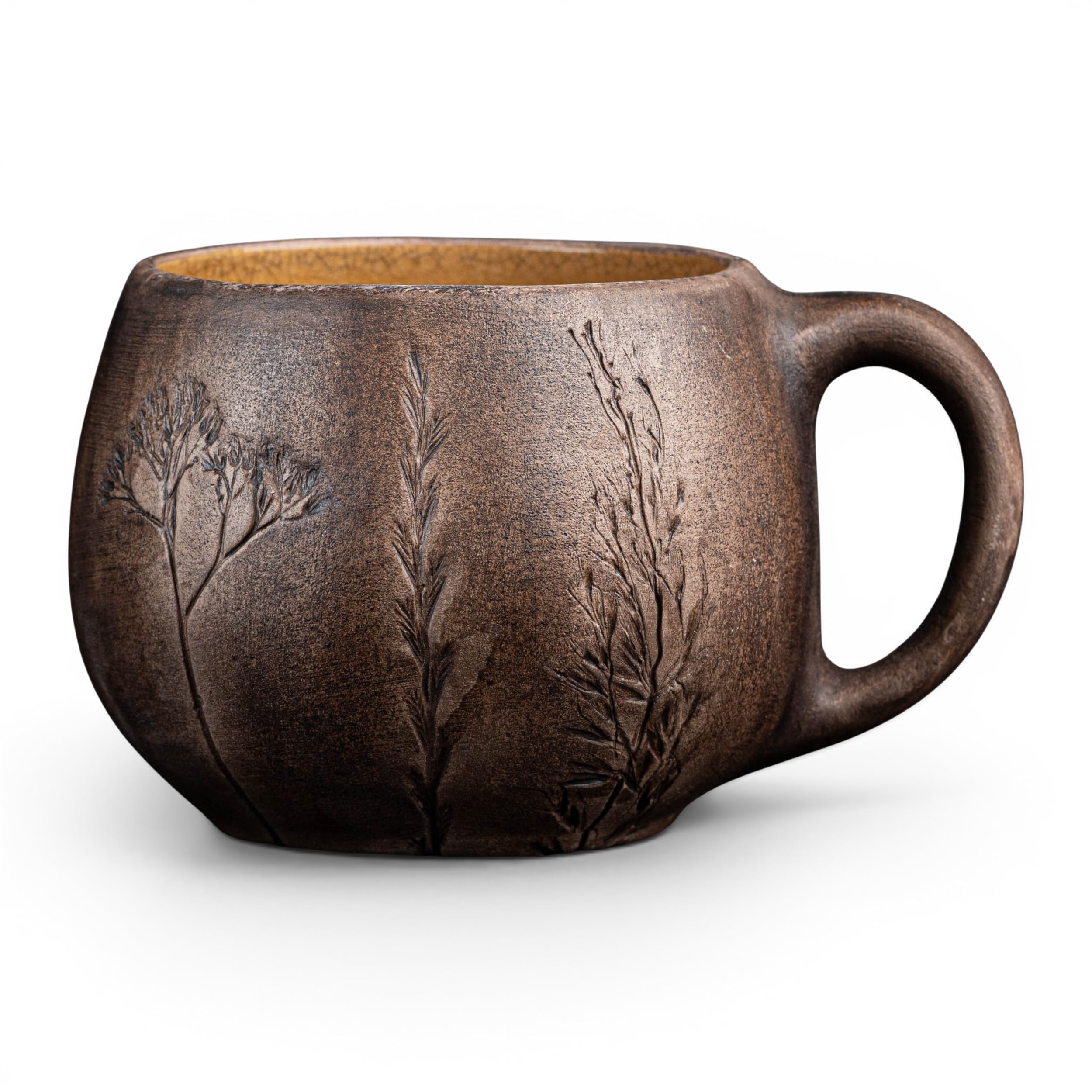 GORDUCH Handmade Ceramic Coffee Mug 350ml, Rustic Pottery Cup with Botanical Wild Herbs Imprint Artisan Milk-Fired Clay Mug, Unique Tea Cup Gift for Him Her (Yellow Interior) — image 1