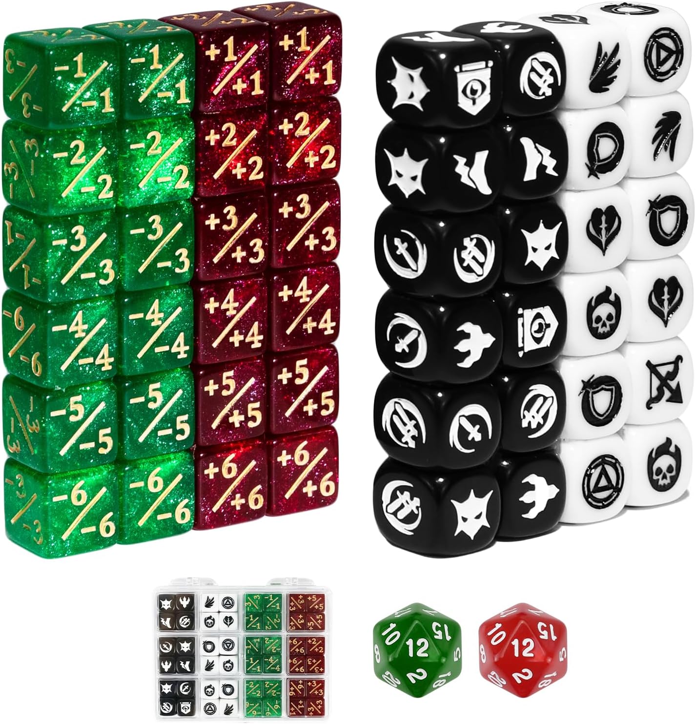50 Pieces 12mm MTG Icon Abilities Keywords Creature Stats Life Counters Dice with Box, Small MTG Tokens 6 Sided Mini Dice Set for Magic The gatering TCG CCG Magic Card Games Accessories
