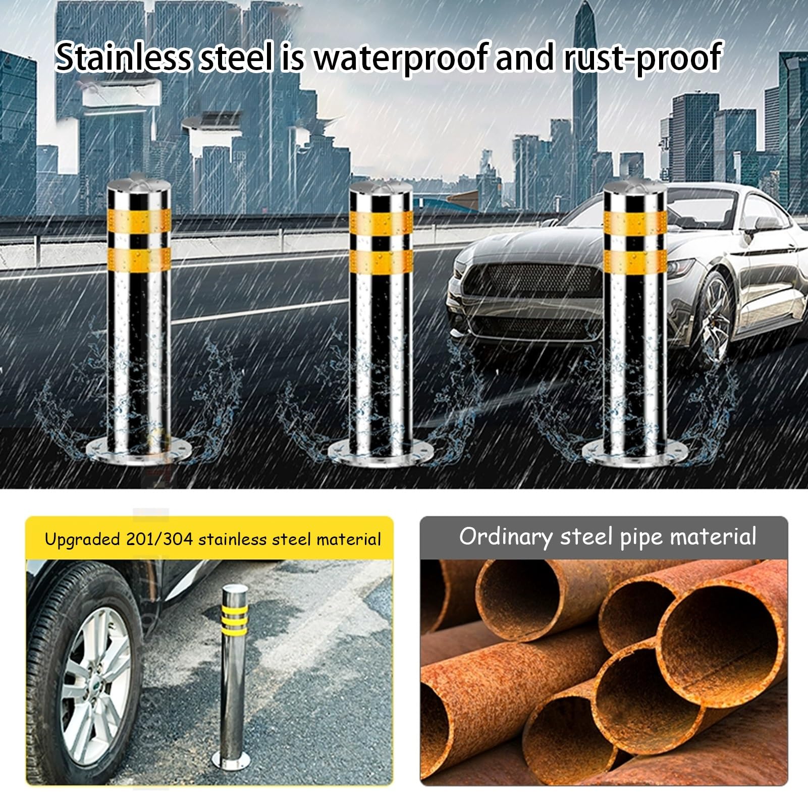 Bolardo de seguridad reflectante de acero inoxidable para uso industrial, control de acceso de garaje y estacionamiento, poste de seguridad de 60 cm con rayas de seguridad (1 unidad)