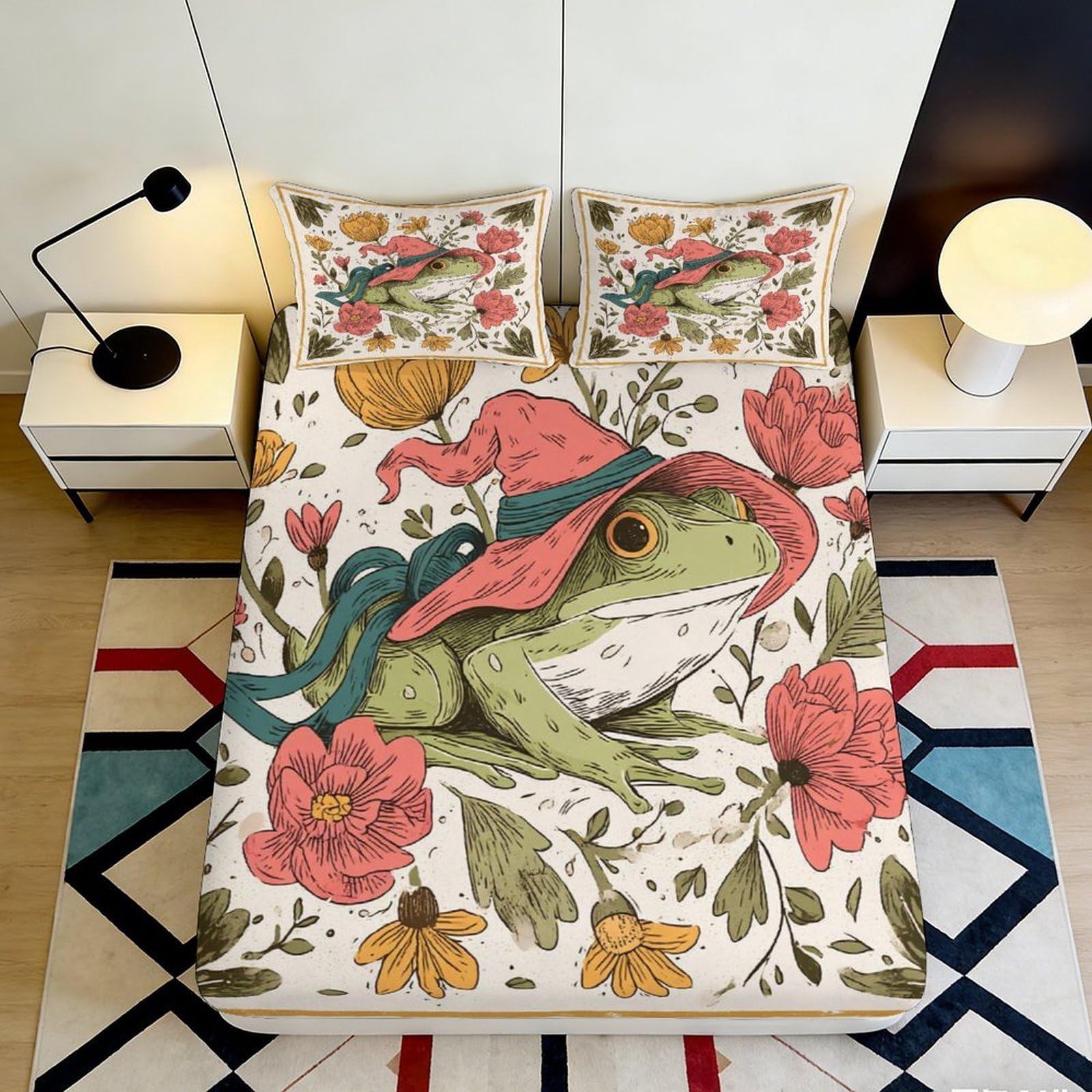 3D Printed Botanical Frog Fitted Sheet Microfiber Deep Pocket Animal Mattress Fitted Cover Elastic Hem Non-Slip for Bedroom 120x200x25cm