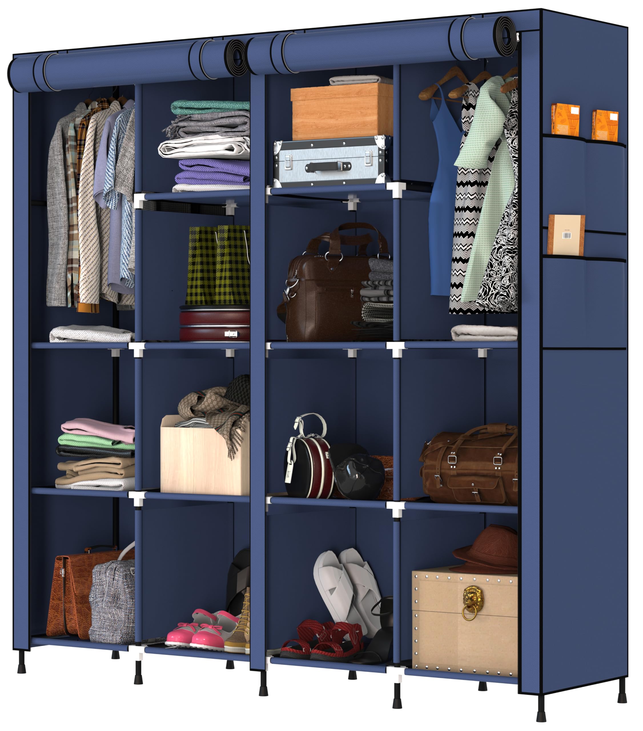 MY ARMOR 4-Door Foldable Wardrobe for Clothes, Wardrobe for Storage, Multipurpose Almari Organizer for Clothes, ABS Plastic Connectors, Fabric Cupboard - 14 Shelfes & 2 Hanger - Navy Blue-image-25