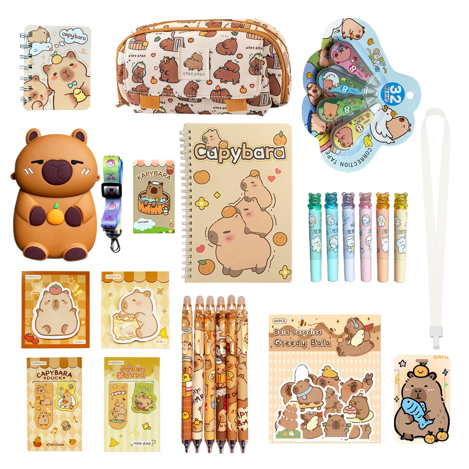 HOVCEH Astuccio Capibara con Accessori, 37 Pezzi Set Cancelleria Capibara Cute con Penne, Peluche, Adesivi, Spille, Post-It & Articoli Capibara, Grande Capacità Cose per la Scuola