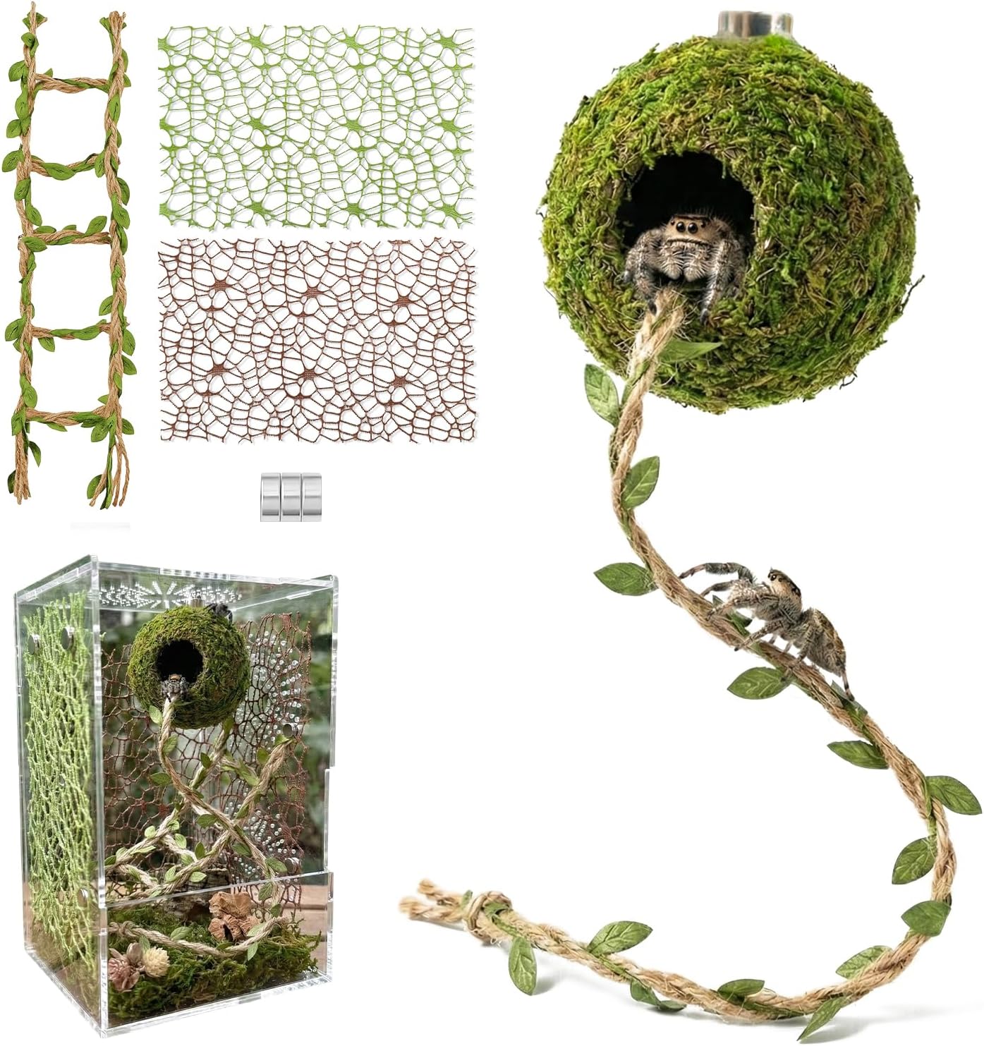 Magnetic Jumping Spider Hideout,Habitat Décor Kit - Handmade Moss Hideout with Climbing Rope,Hemp Rope Bridge,2Pcs Climbing Web& Loose Moss,Fun Enclosure Accessories for Climbing & Hiding (4.5cm)
