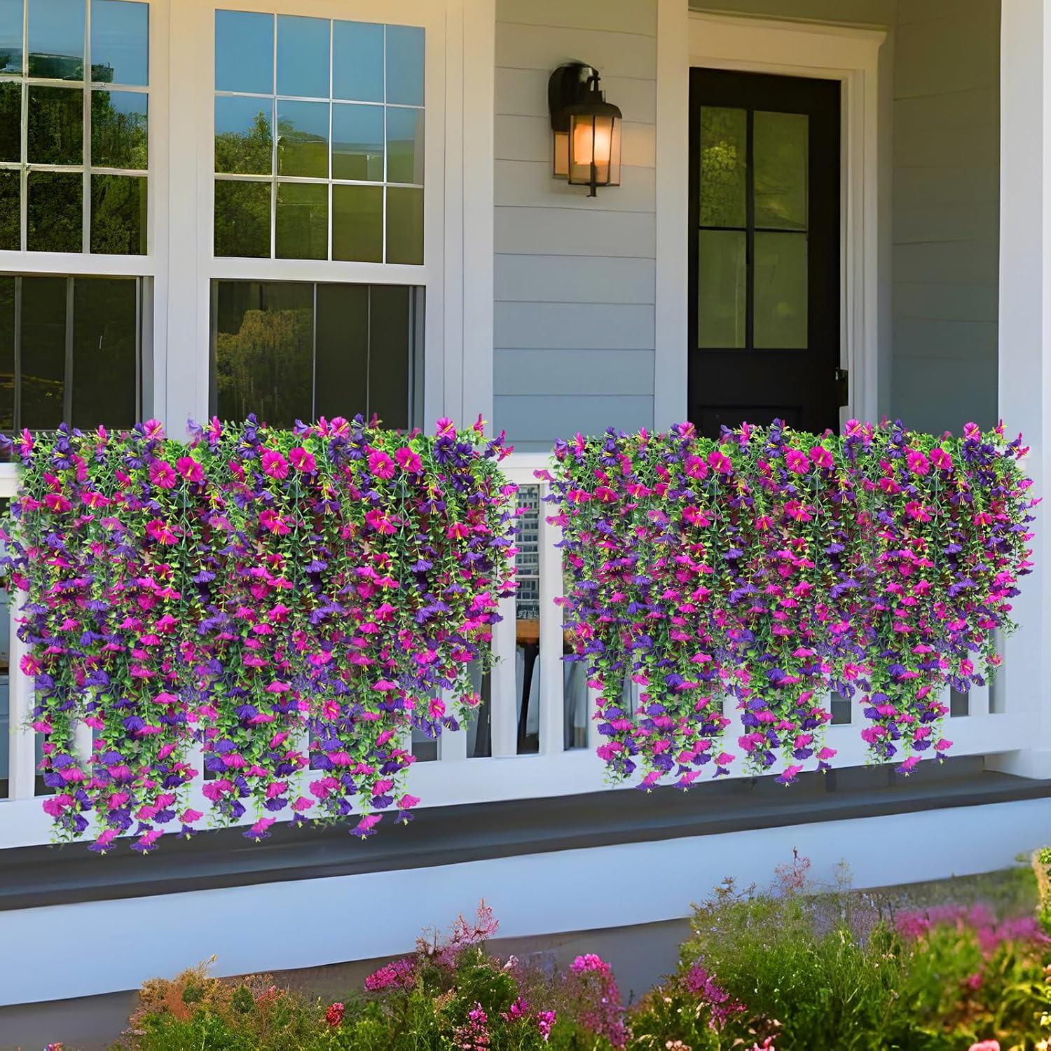 4PCS Artificial Fake Hanging Flowers Plants for Outdoor, Spring Summer Faux Petunias with Eucalyptus Leaves,Silk Morning Glory UV Resistant Look Real for Planter Gardens Balcony Porch(Purple Mix) - Image 4