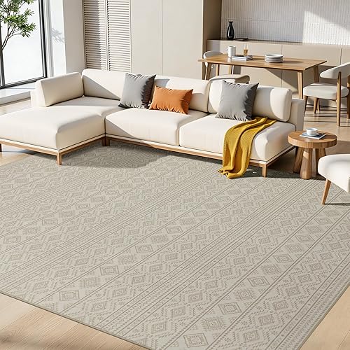Joydeco 8×10 Area Rugs for Living Room, Non-Slip Boho Moroccan Soft Washable Rug, Low Pile Carpet for Bedroom, Dining Room, Home Office, Pet & Child Friendly, Cream&Dark Brown