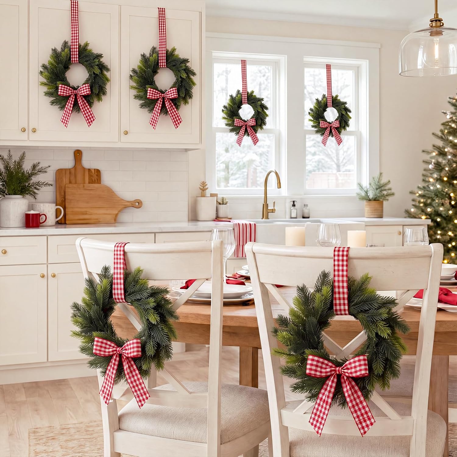 Thiccywoov 6 Pcs 9" Mini Christmas Wreaths for Cabinets with Plaid Bow