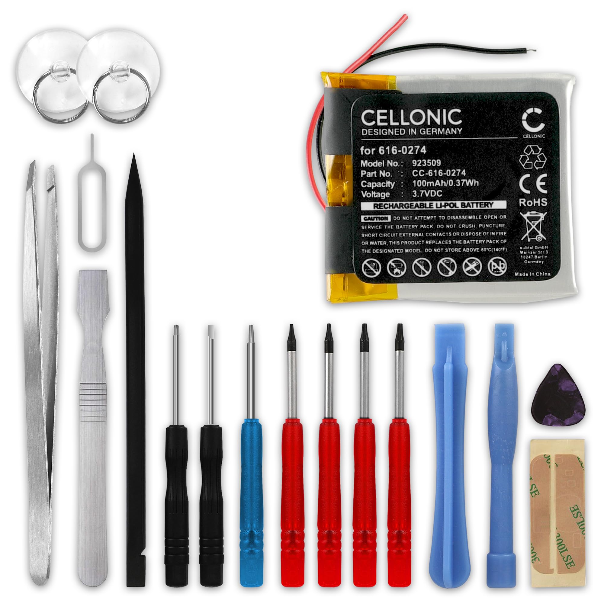 subtel 1x Batterie pour Lecteur mp3 Compatible avec Apple iPod Shuffle 2 Gen. - A1204, 616-0274 - (100mAh, 3.7V) + kit d'outils