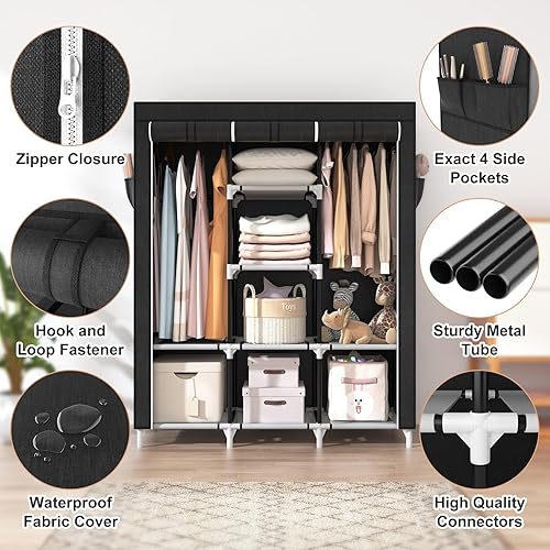 Miniatura 4 de VTRIN Armario portátil, armario portátil de gran capacidad con 2 varillas para colgar y 8 estantes de almacenamiento, armario resistente para colgar