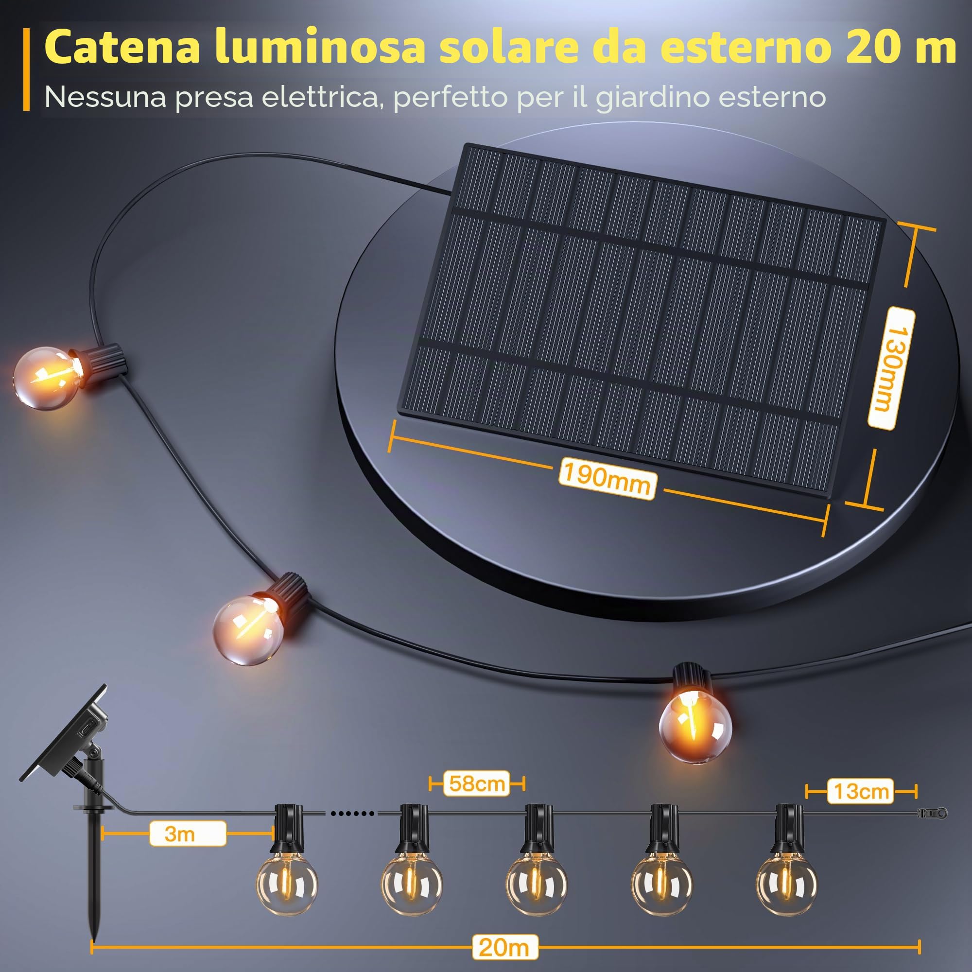 Ollny Catena Luminosa Esterno Solare 20 M con 30 + 2 Lampadine LED G40 per esterni con telecomando, 3 modalità di illuminazione e funzione timer, IP65 impermeabile, per Giardino Matrimonio Feste